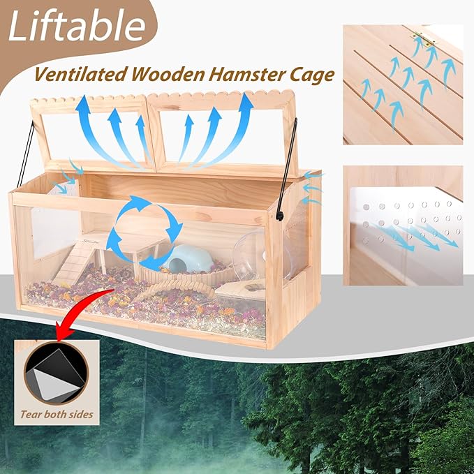 Wooden Hamster Cage,32"x16"Large Hamster Cage,2 Washable Liners & 2 Adjustable Ventilation Window. Small Animal Cage for Dwarf Syrian Hamsters Degus Mice & Other Small Pets.