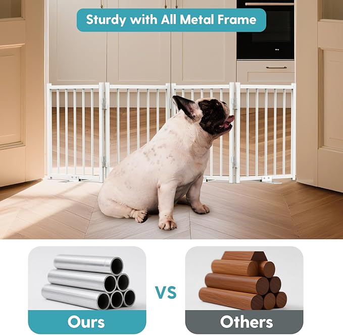 No Pawblems Free Standing Short Dog Gate, 16.5'' Tall Foldable Dog Fence for Indoor & Outdoor, Up to 48 Inch Extra Wide Puppy Gate for Stairs, Hallways, Doorways, Deck, Yard (White, 4 Panels)