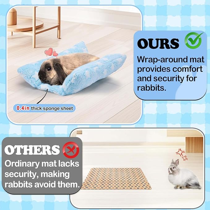 MEWTOGO 15.7" x 14" Bunny Bed for Rabbit Cage - Thickened Soft Prevent Sore Hocks Plush Mat with Cotton Lounger Pillows, Small Animal Flop Mat for Hutch Sleeping Indoor, Light Blue-Star