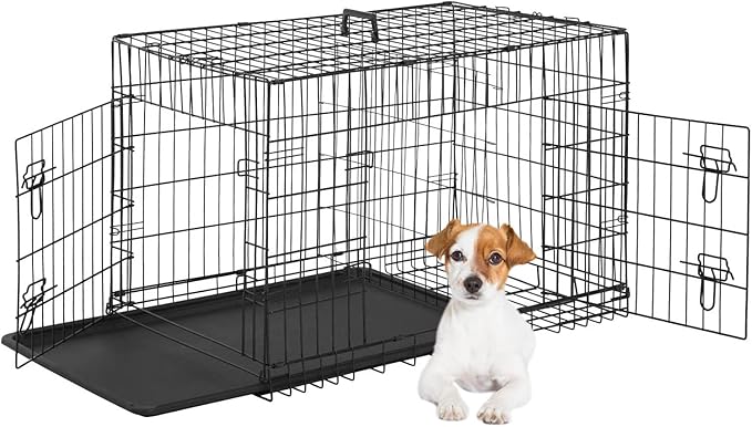 FDW 24-Inch Dog Crate for Small Dogs, Double Door Folding Metal Wire Pet Kennel with Divider Panel & Leak-Proof Plastic Tray, Black