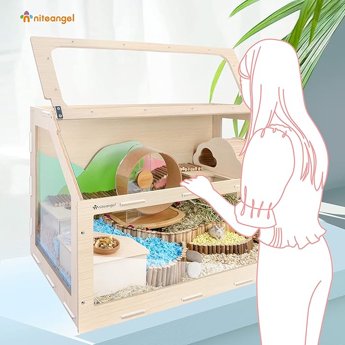 Niteangel Vista Hamster Cage W/Oblique Opening Cage Door - MDF Aspen Small Animal Cage for Syrian Dwarf Hamsters Degus Mice or Other Similar-Sized Pets (Small - 32.9 x 17.2 x 21.1 inches, Burlywood)