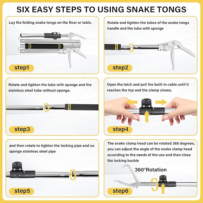 Snake Grabber Tool, 69" Snake Tongs Grabber for Rattlesnake Heavy Duty Professional Folding Snake Feeding Tongs Wide Jaw Snake Handling Tool Long Hndle Stainless Steel Tube Sponge Handle