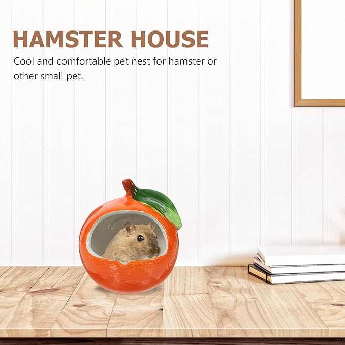 POPETPOP Ceramic Hamster Hideout: Orange Hamster House - Small Animal Hide for Chinchilla, Hedgehog, 10x10cm