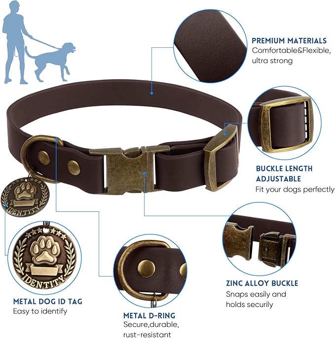 Wisedog Waterproof Dog Collar and Leash Set, Adjustable Puppy Collar with Cute Tag 4FT Dog Leash with Poop Bag for Small Medium Large Dogs (XS, Brown)