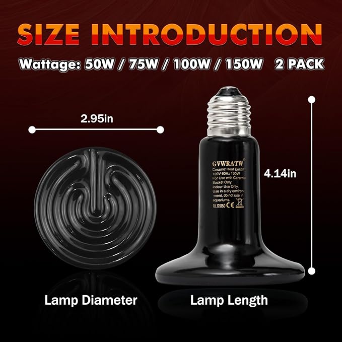 75W Reptile Heat Lamp, Ceramic Heat Emitter (2 Packs 0.25 inch-75mm) - E26 for Terrariums, Turtle, Lizard, Bearded Dragon, Snake, Reptiles, Amphibian, Pet Brooders, Chicken Incubation