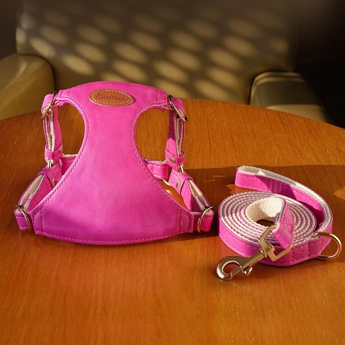Beirui ‌Stylish PU Leather Dog Harness‌ and Leash Set for Small Dogs, ‌Adjustable Step in Dog Vest Harness with Breathable Mesh Lining and Durable Metal Buckle for Walking Traveling(Hot Pink,M)