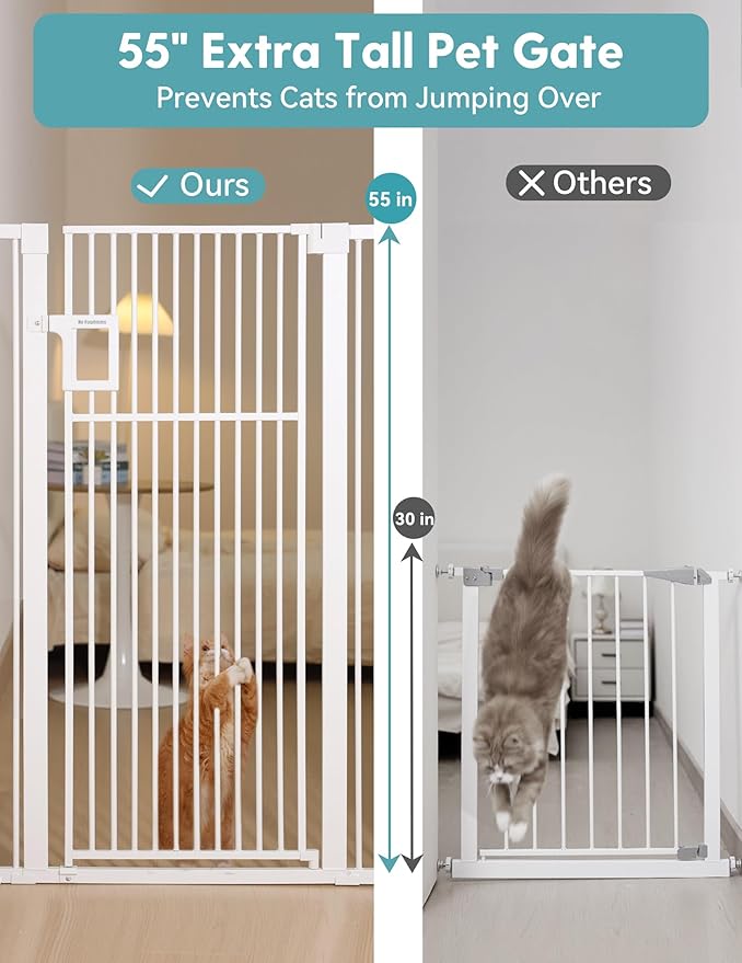 No Pawblems 55" Extra Tall Pet Gate for Cat, 29-43" Auto Close Cat Gate for Doorways/Stairs/Hallways, NO Drilling Pressure Mounted Tall Dog Gate Indoor, 1.37" Pet-Safe Gap, White