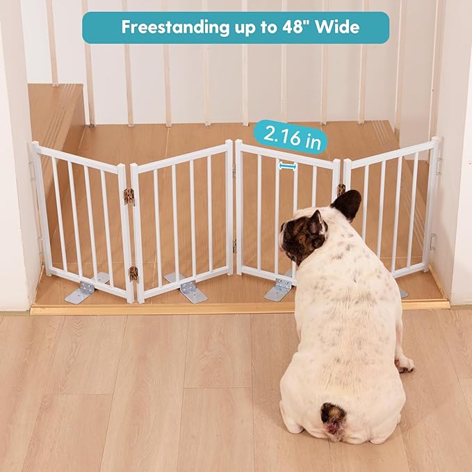 No Pawblems Free Standing Short Dog Gate, 16.5'' Tall Foldable Dog Fence for Indoor & Outdoor, Up to 48 Inch Extra Wide Puppy Gate for Stairs, Hallways, Doorways, Deck, Yard (White, 4 Panels)