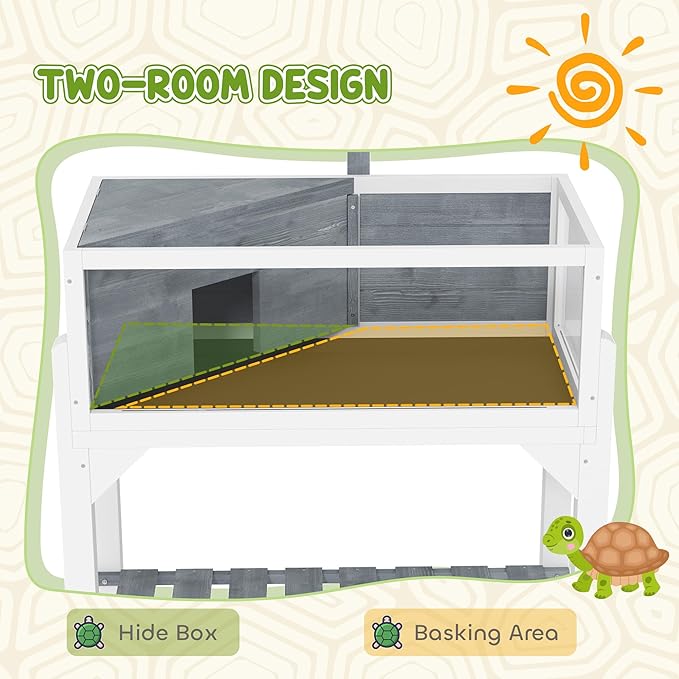 PawHut Tortoise Habitat with Storage Shelf, Wooden Tortoise Enclosure with Clear Windows, Lamp Holder, Openable Top, Built-in Tray, Reptile Cage for Indoor Outdoor Use, Gray