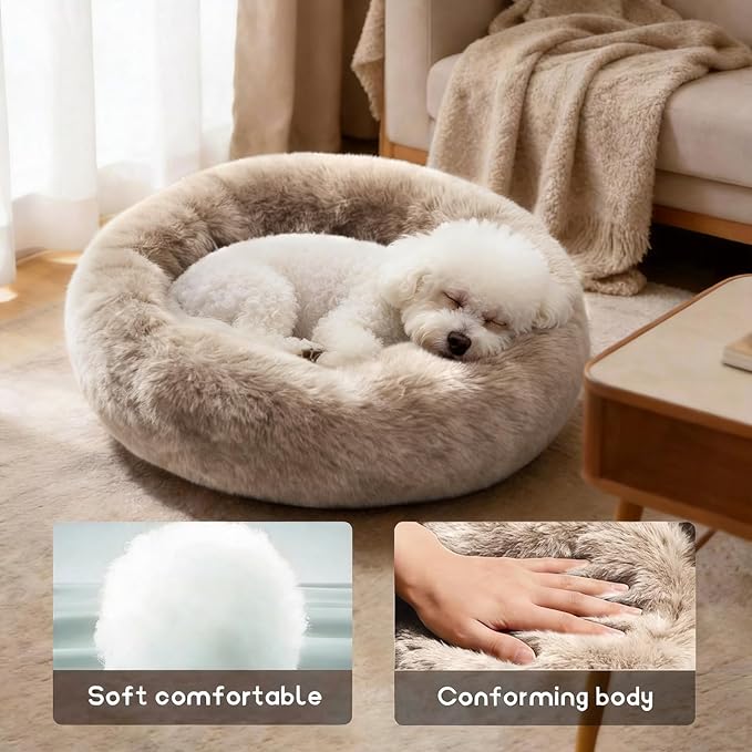 Comfort Donut Dog Bed for Small Dogs, Cat Bed & Pet Bed for Indoor Use, Medium Size with Soft Plush, Round Dog Beds for Large Dogs and Cats (Khaki, 20''Lx20''Wx8''Th)