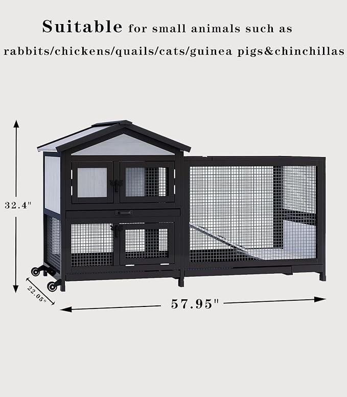 Rabbit Hutch 58" Rabbit Cage Outdoor&Indoor 2-Story Chicken Coop Guinea Pig Cage on Wheels Bunny Cage with 3 Deep No Leakage Pull Out Tray,Waterproof Roof (Black)