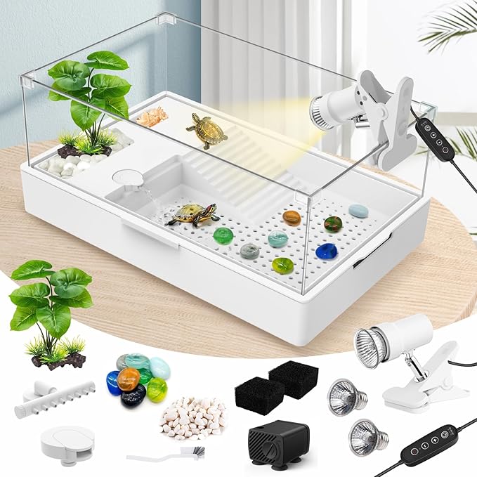 GOZILLA Small Turtle Tank Kit(Tank+Lamp+Filter), Acrylic Aquarium Turtle Starter Kit Habitat with Multi-Functional Areas for Small Reptiles. (Large Two Layer Kit)