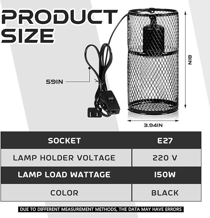 VIHOSE 1 Pcs Reptile Heat Lamp Guard with 150W Ceramic Heat Emitter Basking Anti Scald Heating Lamp Holder Mesh Cage Reptile Protection Lampshades for Lizard Snake Chick, Bulb Not Included (Black)