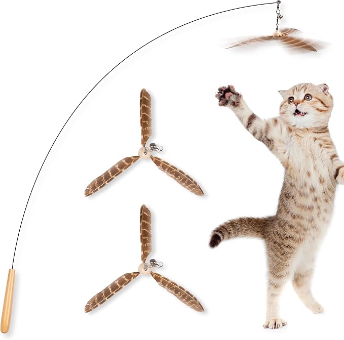 JXFUKAL Cat Wand Toys, Interactive Cat Toys with 3 Feather Refills, 29'' Flexible Steel Wire, Sturdy Wood Handle & Bell for Kitty Kitten, Cat Toys for Indoor Cats Teaser Cat String Toy by JXFUKAL