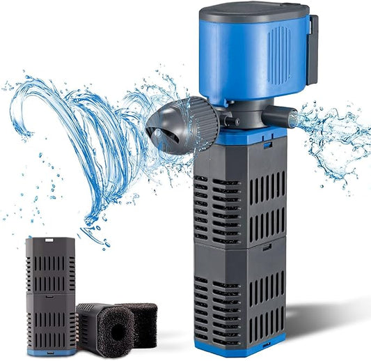Aquarium Filter for 40-150 Gal, 4 in 1 Silent Submersible Aquarium Filter Biochemical Filtration 475 GPH Powerful Water Pump Wavemaker