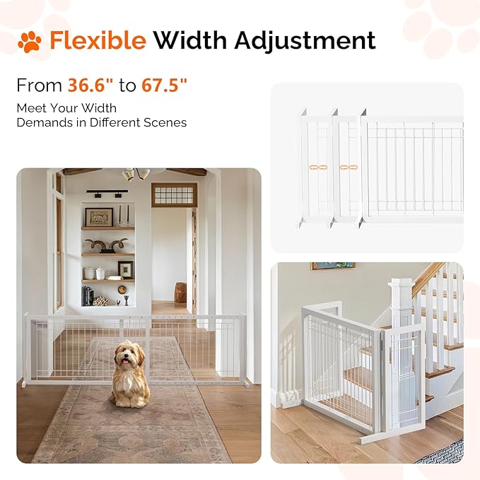 Bonnlo Free Standing Dog Gate, 37" - 68" Wide Pet Gate for Fireplace Stairs Doorways, Metal Adjustable Pet Fence Indoor, Christmas Tree Gate (Metal-White)