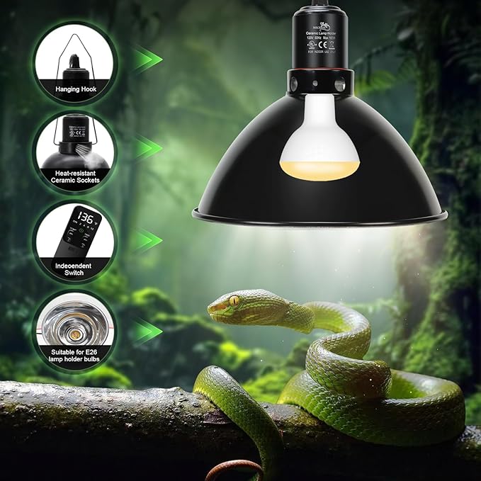 MECESOR Reptile Light Fixture with Thermostatic Timer, 8.5 Inch Deep Dome Lamp Cap Reptile Heat Lamp Fixture with Separate Switches, Terrariums Light Fixture for Ceramic Heating Lamp Bulb