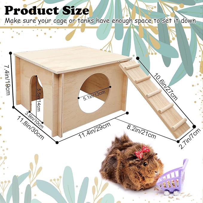 kathson Guinea Pig Hideout House,Wooden Chinchilla Hide Hut with Climbing Ladder and Windows, Hamster House for Mouse Hedgehog Squirrel Mice Gerbils Hiding Sleeping and Playing