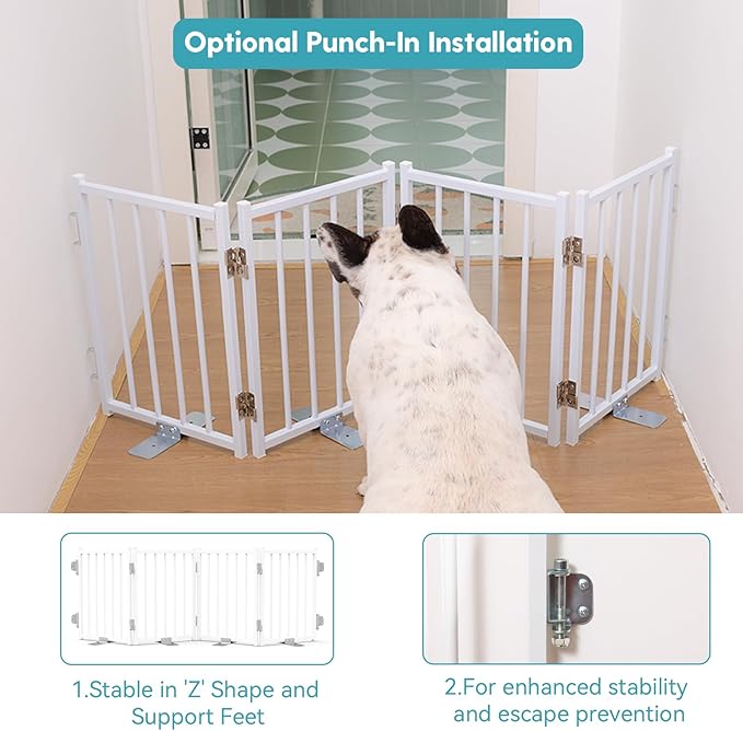 No Pawblems Free Standing Short Dog Gate, 16.5'' Tall Foldable Dog Fence for Indoor & Outdoor, Up to 48 Inch Extra Wide Puppy Gate for Stairs, Hallways, Doorways, Deck, Yard (White, 4 Panels)