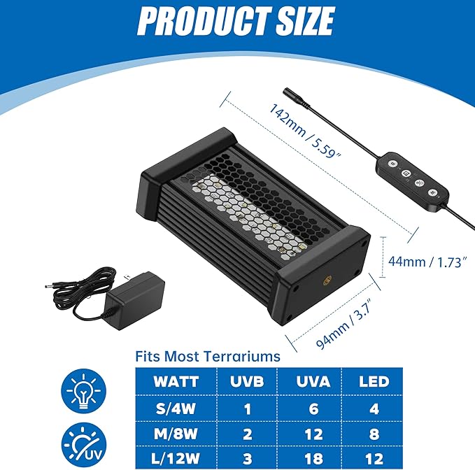Reptile UVB Light & Heater Lamp, 5inch Aluminum UVA UVB LEDfor Rainforest and Desert Reptiles, Geckos, Chameleons and Bearded Dragons, Adjustable 6/10/12H Timer, Dimmable with 3 Lighting Modes