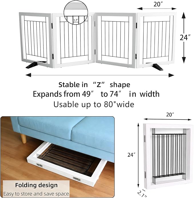 ZJSF Freestanding Dog Gate Indoor, Foldable Dog Fence for Doorways,Hallways or Stairs, Sturdy Wood Extra Wide Pet Gate with Support Feet,White,24 "Height-4 Panels