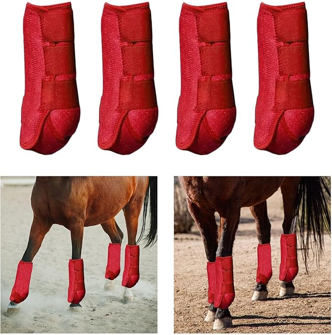 Generic 4Pcs Horse Boots Leg Protectors Adjustable Comfortable Neoprene Reusable Breathable Horse Protectors Equipment Set, red, L