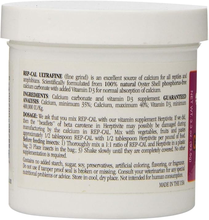 Rep-Cal Phosphorus Free Calcium with Vitamin D3 - Ultrafine Powder 3.3 oz - Pack of 4