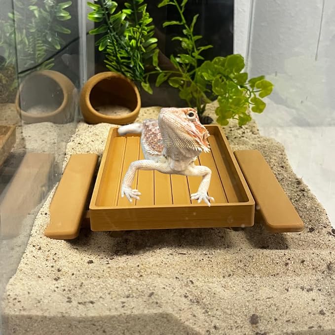 REEFSHAPE Terrarium Picnic Table for Bearded Dragons, Lizards, Geckos, and More! | Platform Accessory for Terrarium Habitats | Made in USA (Tan)