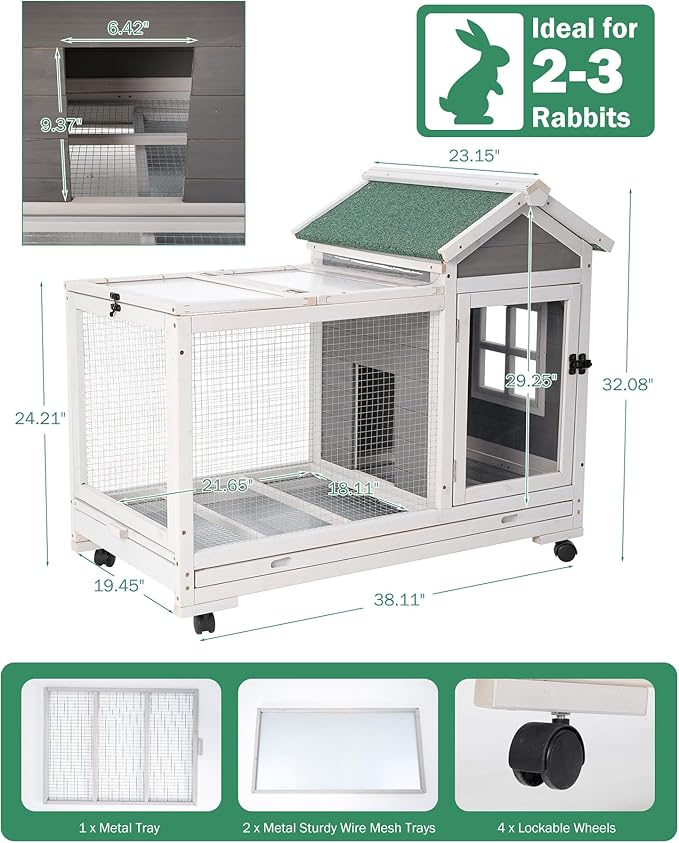 Outdoor Wooden Rabbit Cage:Rabbit Hutch Indoor, Bunny Hutch with Leak-Proof Pull Out Tray&Hideout, Small Animal Cage for Rabbits, Large Guinea Pigs, Portable Habitat with Lockable Wheels
