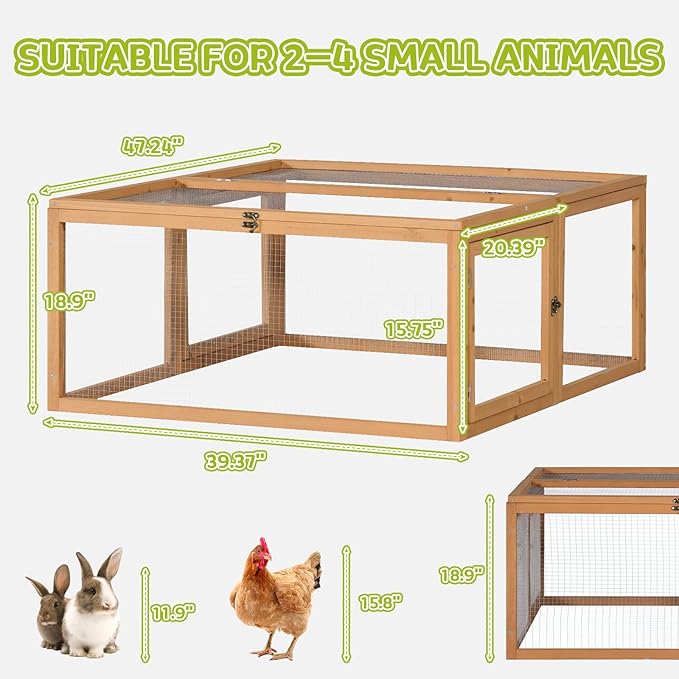 Chicken Coop Run, Rabbit Hutch, Portable Wooden Bunny Cage for Indoor/Outdoor, Small Pet Animal House with 3 Doors Openable, 47'', Natural Color (S)