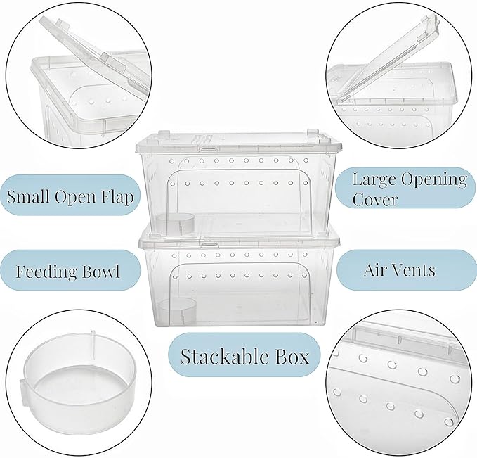 Tlence 2 Pack Critter Keeper, 12.6"x8.7"x6" Clear Plastic Enclosure Terrarium, Portable Transport Container with Feeding Bowl, Small Hatching Container with Ventilated Lid for Snake, Lizard, Gecko