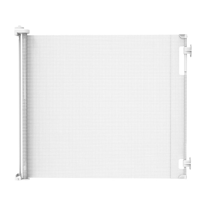 Retractable Baby Gate Perma Child Safety 41" Tall x 71” Wide, Mesh, for Stairs, Doorways, Dogs, Pets, Indoor, Outdoor, One-Handed Operation, Locking, Easy Install, Hardware Mount, White