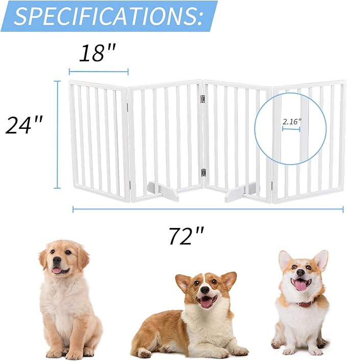 BONNLO Free Standing Dog Gate Indoor, Foldable Pet Gate for Dogs and Puppy, 24" Height Wooden Dog Gates for Doorways Extra Wide/Stairs/Hallways (White, 4 Panel)