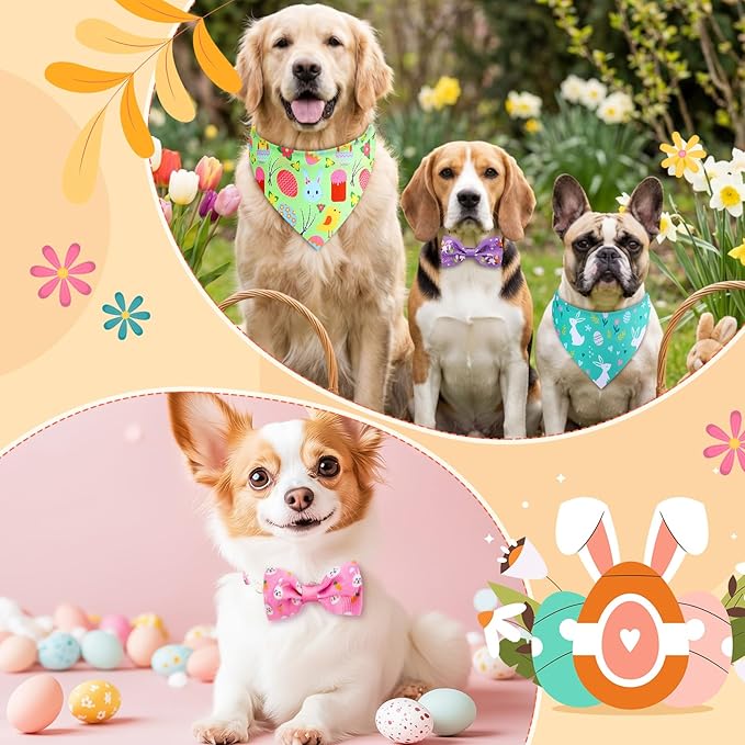 Sanwuta 50 Pcs Easter Dog Bandanas and Collar Bow Ties Set 25 Bandanas Bulk 25 Charm Dog Collar Pet Triangle Pet Scarf Bowtie for Small Medium Large(Easter)