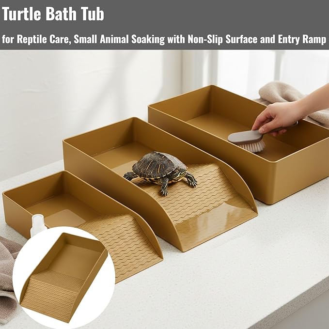 Reptile Bathing Tub with Non-Slip Surface and Entry Ramp for Easy Small Animal Soaking Container