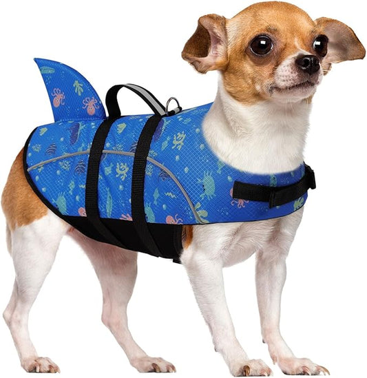 Queenmore Dog Life Jacket Small, Dog Life Vest for Swimming, Shark Life Jacket for Boating with Handle/Leash Hook, Lightweight Puppy Cats Floating Vest for Swim Water Pool (Prints,S)