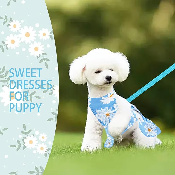 Dog Dress Bowknot Harness Leash Set for Small Girl Dogs Blue Daisy Floral Dog Cat Clothes Cute Puppy Outfits Pet Clothes Spring Summer Breathable Dresses(Small)