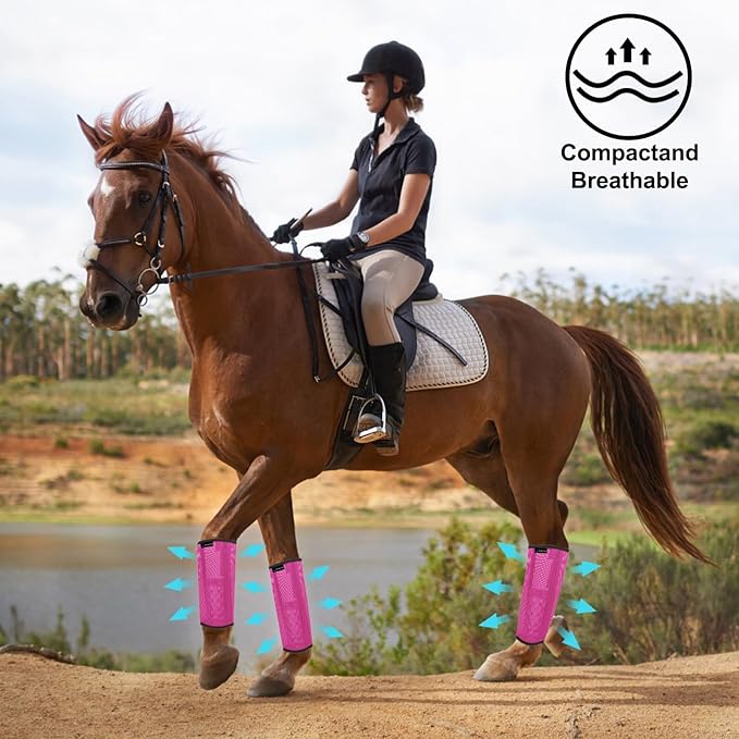 FOXLVDA Horse Fly Boots - Fly Boots for Horses Set of 4, Comfortable Horse Leggings, Mesh Material Design with Metal Support Bars for Reduces Stomping & Leg Fatigue (Pink, Medium)