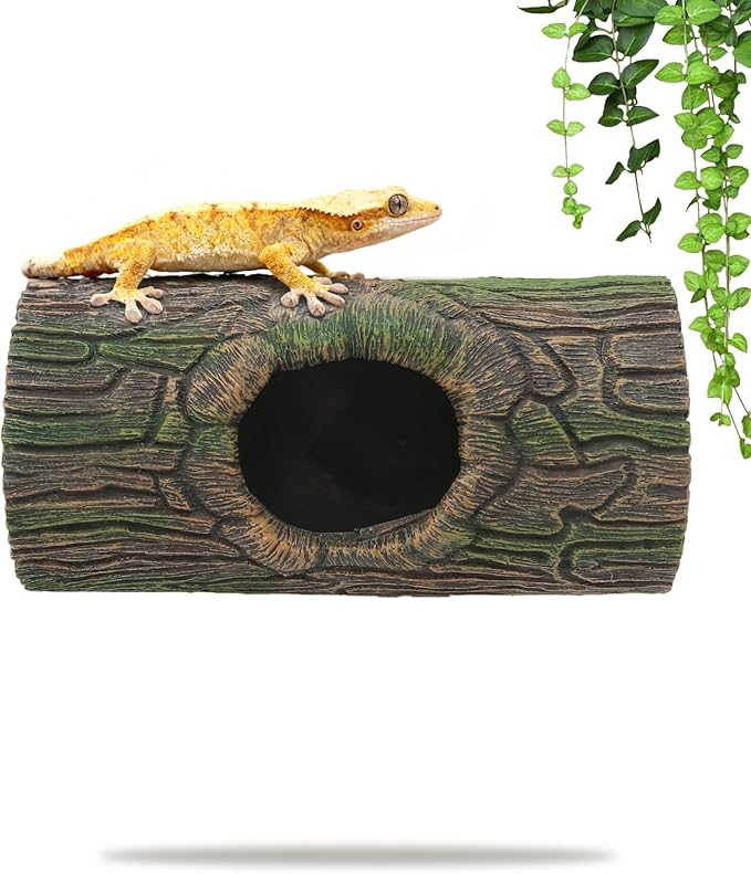 Magnetic Crested Gecko Hide - Resin Hollow Log Cave, Reptile Hide Cave, Reptile & Amphibian Habitat Hideouts, Aquariums & Terrariums Decor