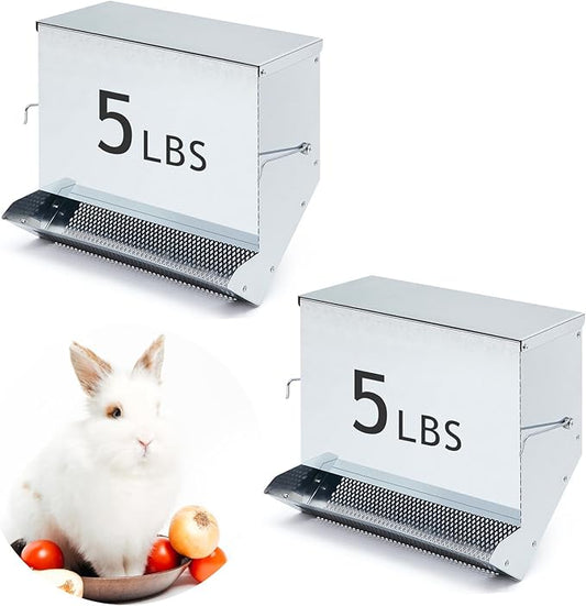 Maxcheck 2 Pcs Rabbit Feeder for Cages Small Animal Food Pellet Dispenser with Lid Metal Chicken Grit Oyster Shell Squirrel Feeders Outside(11.8 Inches,Mesh Bottom,Silver)