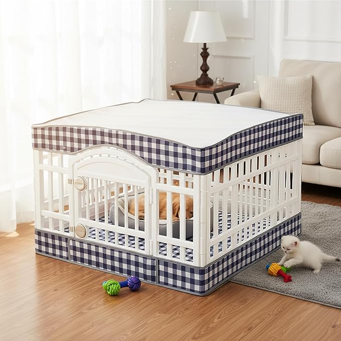 2 Pack Dog Playpen Cover and Bottom Pad Fits for 36 Inch 4 Panels Pet Playpen, Dog Crate Pad Puppy Play Pen Cover, Hoop and Loop Design (Note: Playpen Not Included) BlueCheck
