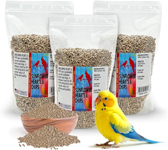 Morning Bird Sunflower Hearts & Chips 4.5 lbs (3-Pack, 1.5 lbs Each) – Premium Bird Seed with High Protein & Healthy Fat - Shelled Sunflower Hearts for Birds - Mess Free, Easy to Feed, Delicious Snack