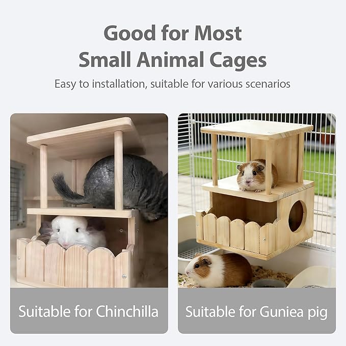 Chinchilla Hideout Wooden Hides for Guinea Pigs, Small Animal Nature Wood House Chinchilla Cage Accessories for Hamster, Squirrel, Sugar Gliders etc (2-Layer)