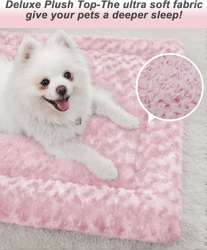 Washable Dog Bed Mat Crate Pad Soft Fluffy Pet Kennel Beds Dog Sleeping Mattress for Large Jumbo Medium Small Dogs, 35 x 22 Inch, Pink