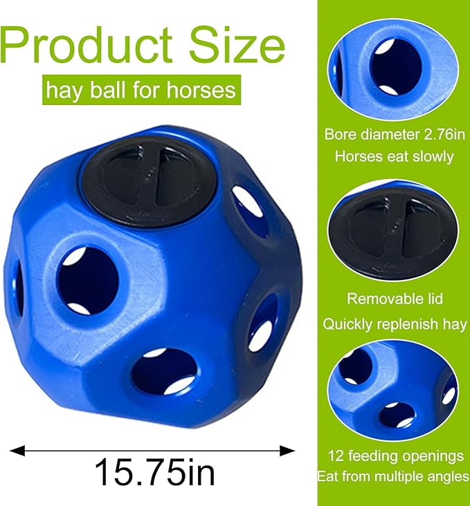 Hay Ball for Horses, 15.75" Large Capacity Hay Feeder for Horses, Slow Feeding Design Horse Treat Ball, Safe Durable Horse Stall Toys, Slow Feeder Ball for Stalls, Ranches, Pastures(Blue)