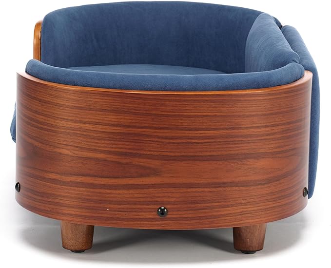 Elevated Dog Bed Pet Sofa with Solid Wood Legs and Bent Soft Backrest, Pet Cat Stool Bed with Velvet Cushion,for Small and Medium Size Dogs Kitten, Blue, Small Size