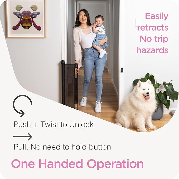 Retractable Baby Gate Perma Child Safety 33" Tall x 55” Wide, Mesh, for Stairs, Doorways, Dogs, Pets, Indoor, Outdoor, One-Handed Operation, Locking, Easy Install, Hardware Mount, Black