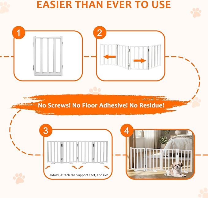 Snagle Paw Short Dog Gate,16.5" Tall Freestanding Metal Dog Gate Only for Small Dogs with Support Feet Easily Step Over,Up to 48" Wide Puppy Gate Indoor for Stairs,Doorways(White,4 Panel)