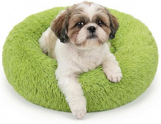 Calming Donut Dogs Beds for Small Dogs Washable,23inch Plush Round Pet Bed for Cozy Sleep,Fluffy Faux Fur Large Cat Bed,Fits up to 25 lbs Pets,Green