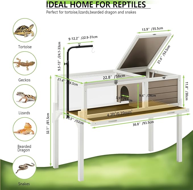 PRETZI Tortoise Habitat with Adjustable Lamp Holder, Turtle Enclosure Indoor/Outdoor, Wooden House for Small Animals, Large Reptile Terrarium Table with Detachable Legs (New White)